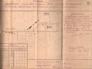 Схема кладбища лагерного отделения № 3 лагеря № 318 для военнопленных, в котором захоронены военнопленные, умершие в лаготделении. Июль 1949 года. (ГААОСО. Ф. Р-147. Оп. 1. Д. 9. Л. 22)