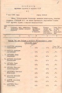 Протокол вручения орденов и медалей СССР № 1 Асбестовским городским военным комиссариатом, г. Асбест. 7 мая 1985 года. (ГААОСО. Ф. Р-24. Оп. 2. Д. 46. Л. 1)