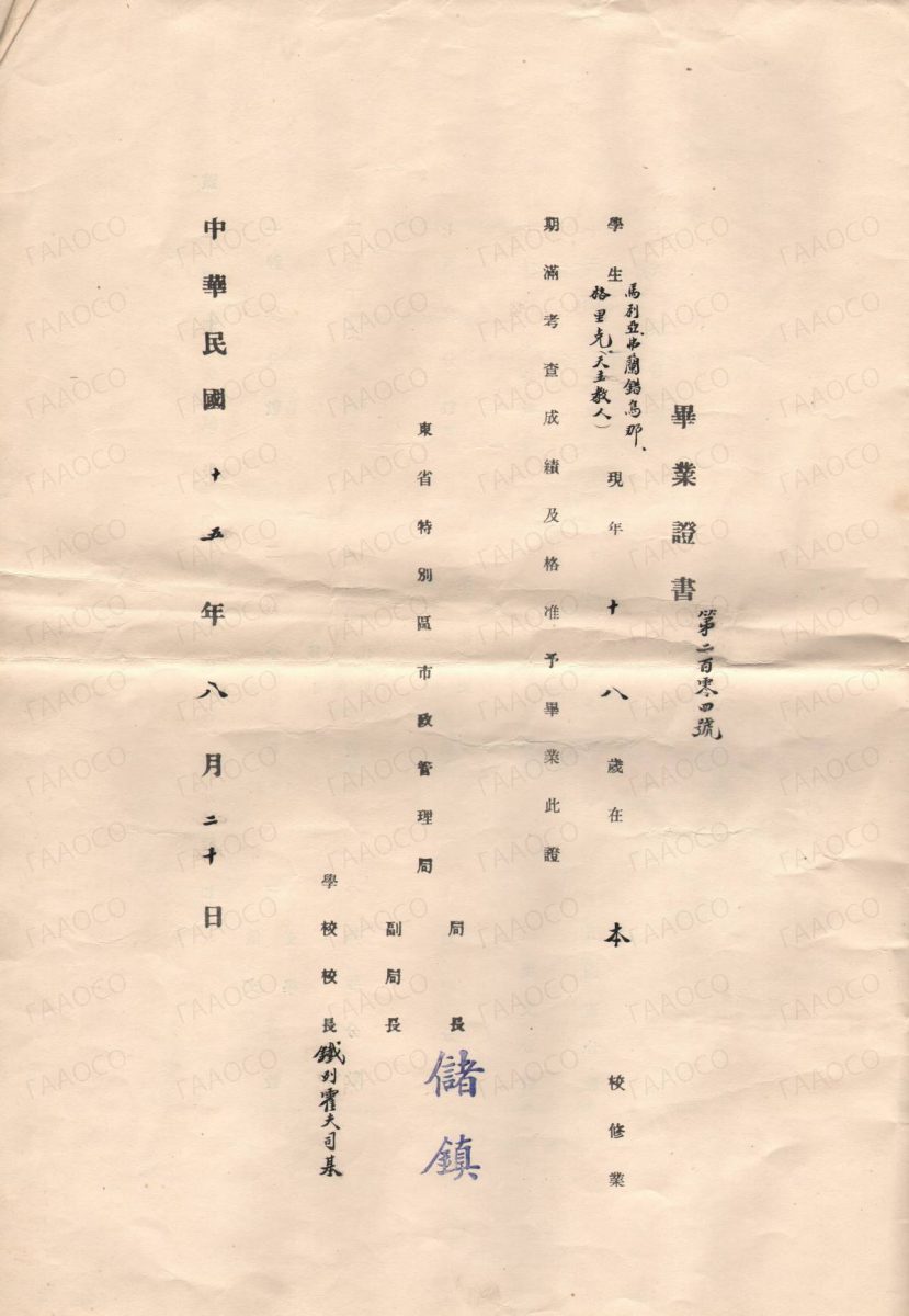 Аттестат Маньчжурской общественной гимназии № 204 от 20 августа 1926 г. Грик Марии Францевны.